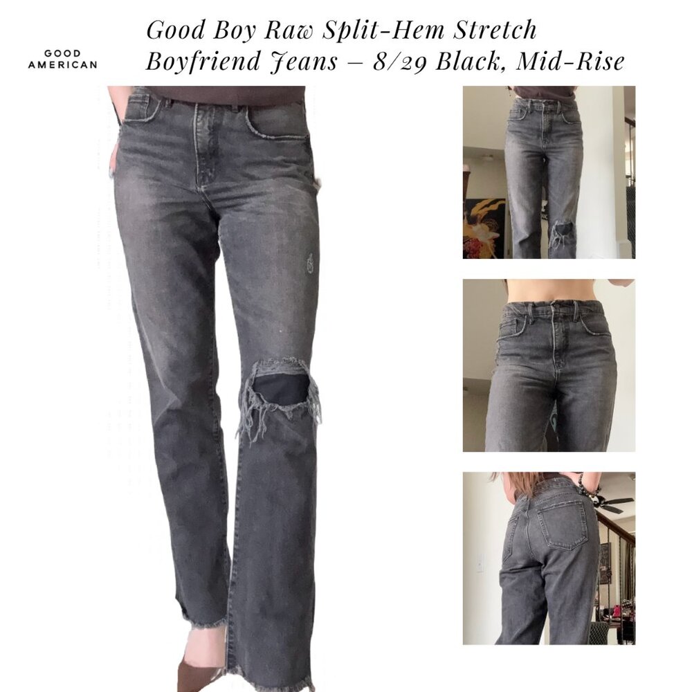Good American Good Boy Raw Split-Hem Stretch Boyfriend Boodcut Jeans